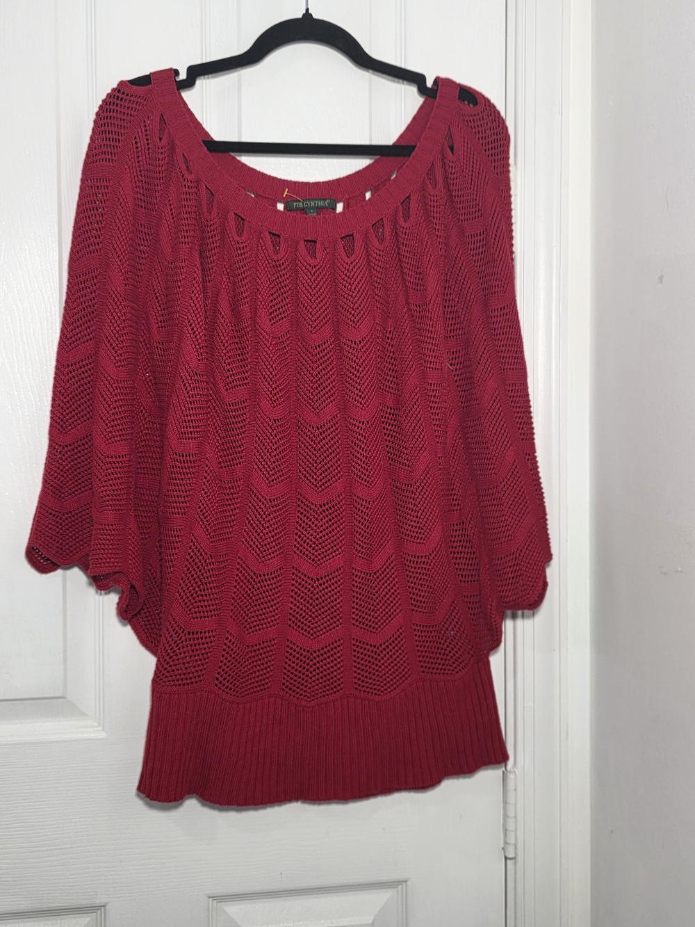 For  Cynthia Red Knit Dolman Sleeves Sweater Lush Red Open-Knit Women's Sweater
